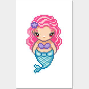 Blue Pixel Mermaid Posters and Art